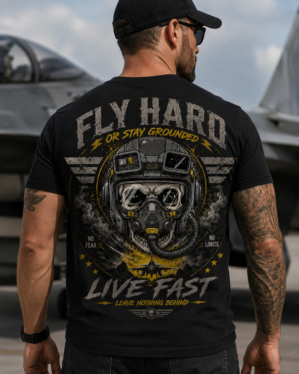 Fly Hard Pilot Skull Live Fast Tee
